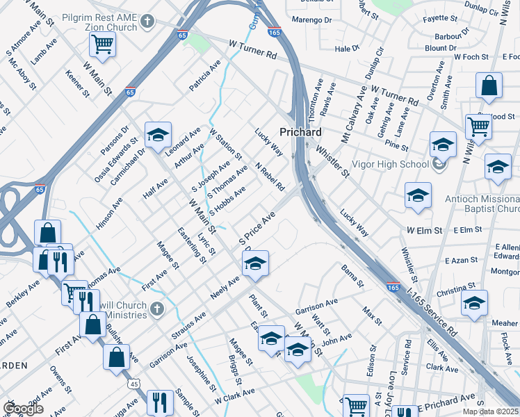 map of restaurants, bars, coffee shops, grocery stores, and more near 1607 Lawn Street in Prichard