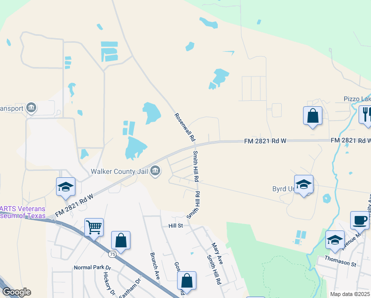 map of restaurants, bars, coffee shops, grocery stores, and more near 633 FM 2821 Road West in Huntsville