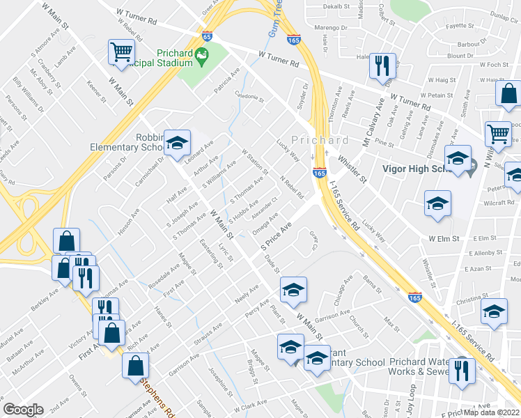 map of restaurants, bars, coffee shops, grocery stores, and more near 115 Alexander Court in Prichard