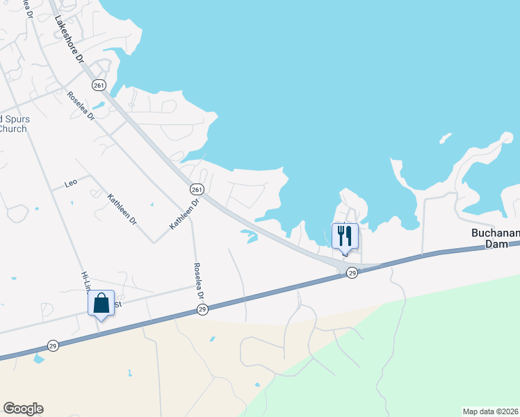 map of restaurants, bars, coffee shops, grocery stores, and more near 102 Palm Cove in Buchanan Dam