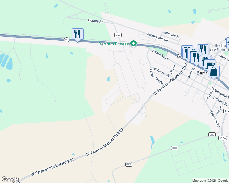 map of restaurants, bars, coffee shops, grocery stores, and more near 104 Hunter Loop in Bertram