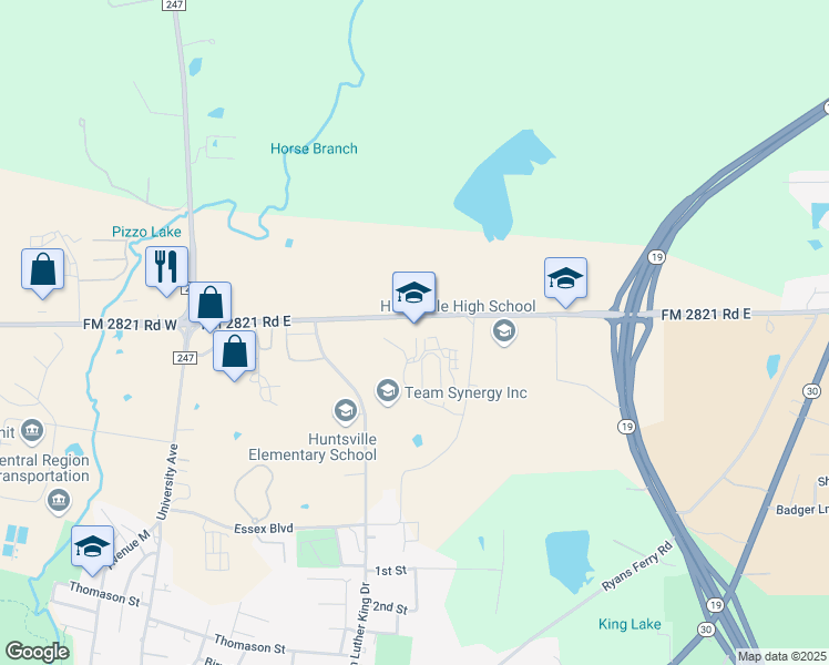 map of restaurants, bars, coffee shops, grocery stores, and more near 441 Farm to Market Road 2821 in Huntsville