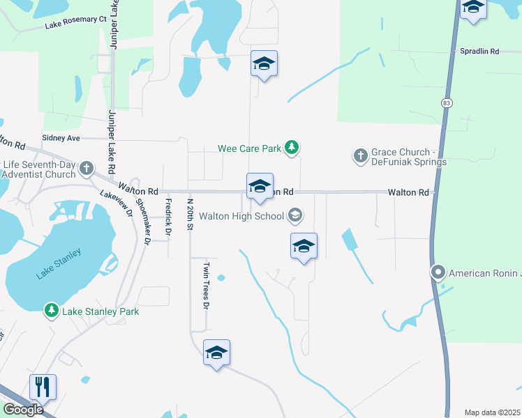 map of restaurants, bars, coffee shops, grocery stores, and more near 555 Walton Road in DeFuniak Springs