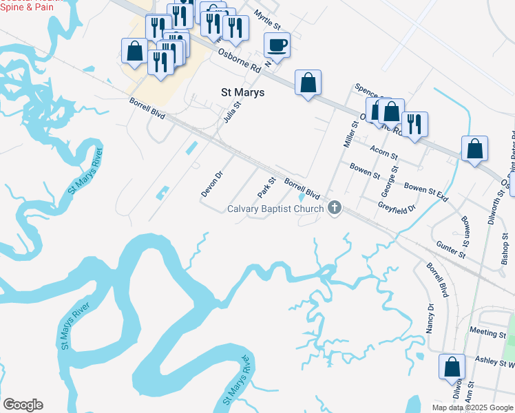 map of restaurants, bars, coffee shops, grocery stores, and more near 823 Park Street in St. Marys