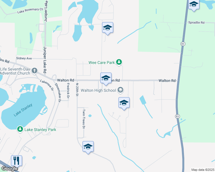map of restaurants, bars, coffee shops, grocery stores, and more near 555 Walton Road in DeFuniak Springs