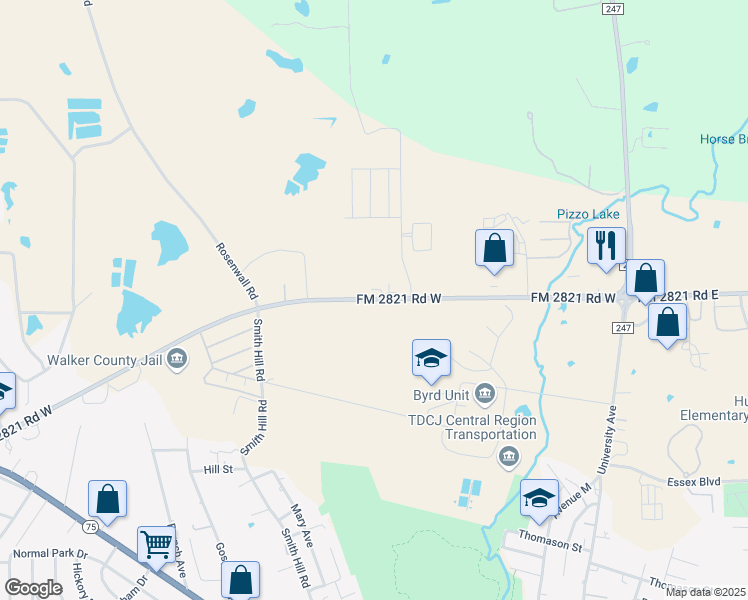 map of restaurants, bars, coffee shops, grocery stores, and more near 441 Farm to Market Road 2821 in Huntsville