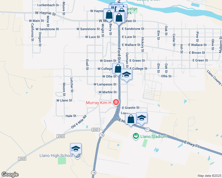 map of restaurants, bars, coffee shops, grocery stores, and more near 204 West Lampasas Street in Llano