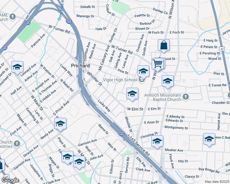 map of restaurants, bars, coffee shops, grocery stores, and more near 336 Brock Avenue in Prichard