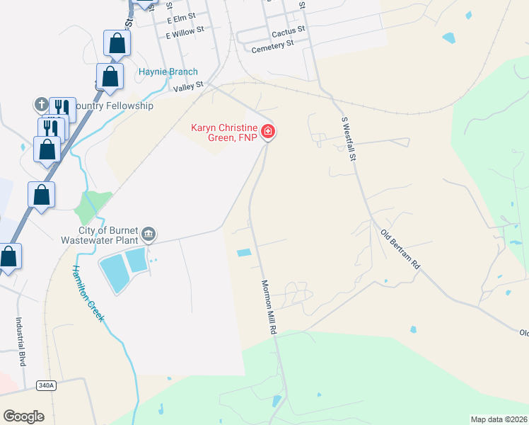 map of restaurants, bars, coffee shops, grocery stores, and more near 165 Waste Water Plant Drive in Burnet