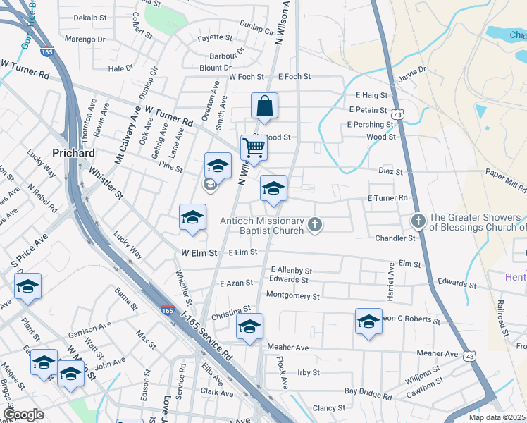 map of restaurants, bars, coffee shops, grocery stores, and more near 139 Wilcraft Road in Prichard