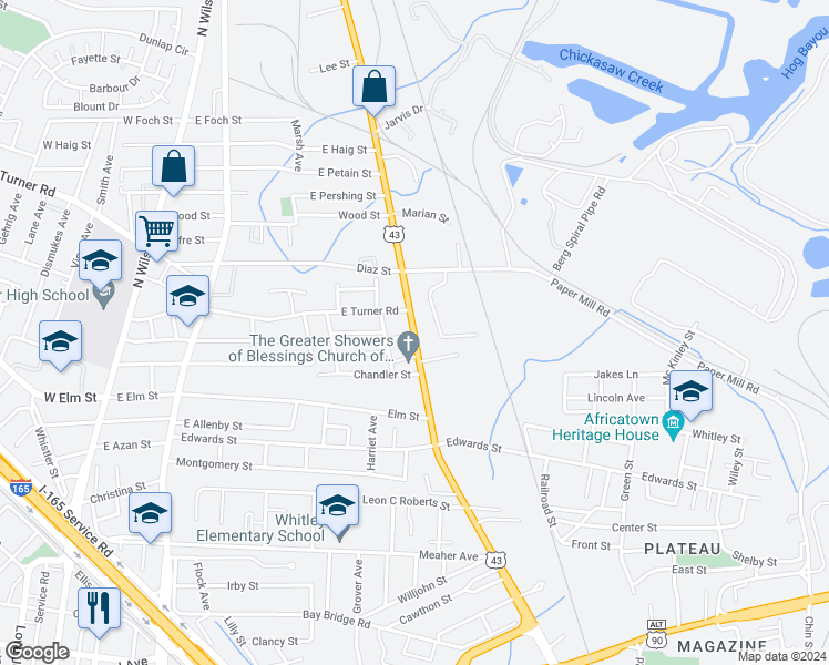 map of restaurants, bars, coffee shops, grocery stores, and more near 804 U.S. 43 in Prichard
