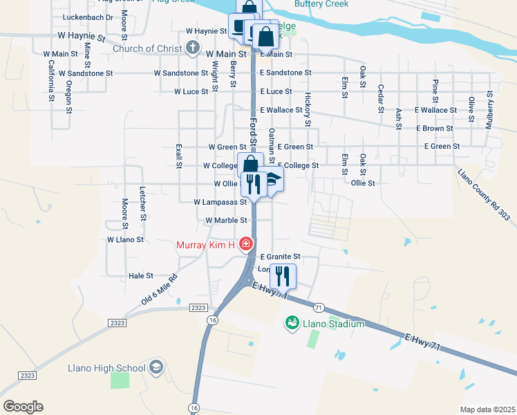 map of restaurants, bars, coffee shops, grocery stores, and more near 1505-1599 Ford Street in Llano