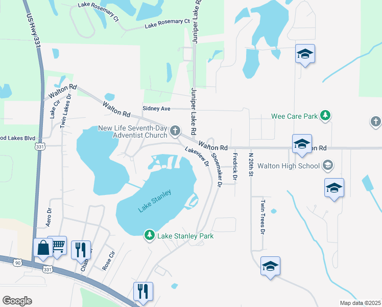 map of restaurants, bars, coffee shops, grocery stores, and more near 465 Lakeview Drive in DeFuniak Springs