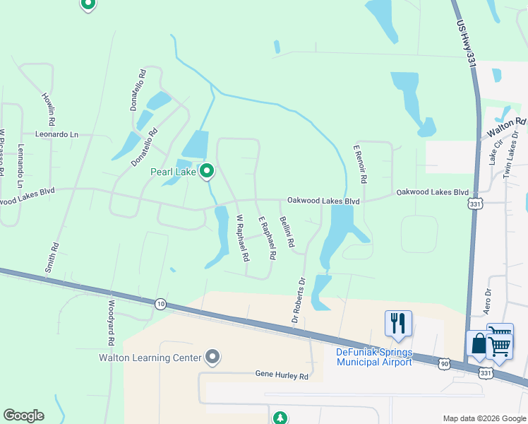 map of restaurants, bars, coffee shops, grocery stores, and more near 53 West Raphael Road in DeFuniak Springs