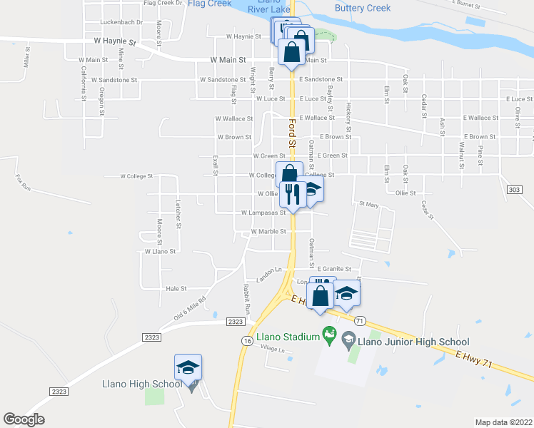 map of restaurants, bars, coffee shops, grocery stores, and more near 204 West Lampasas Street in Llano