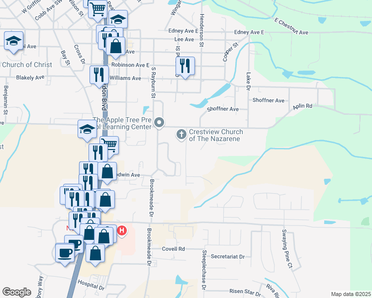 map of restaurants, bars, coffee shops, grocery stores, and more near Patriot Lane in Crestview