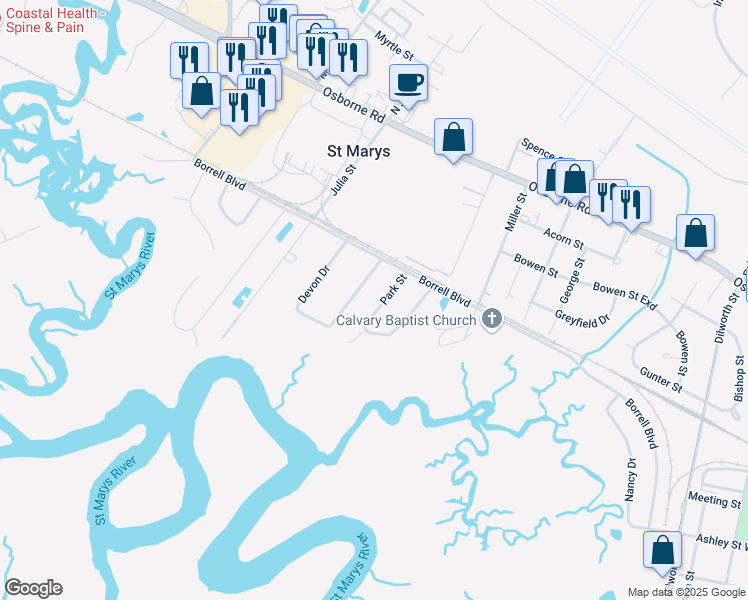 map of restaurants, bars, coffee shops, grocery stores, and more near 823 Park Street in St. Marys
