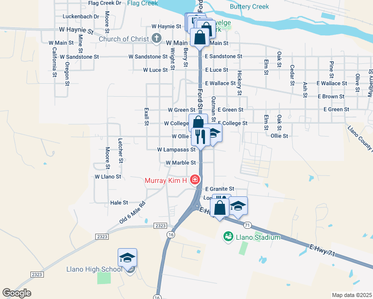 map of restaurants, bars, coffee shops, grocery stores, and more near 204 West Lampasas Street in Llano