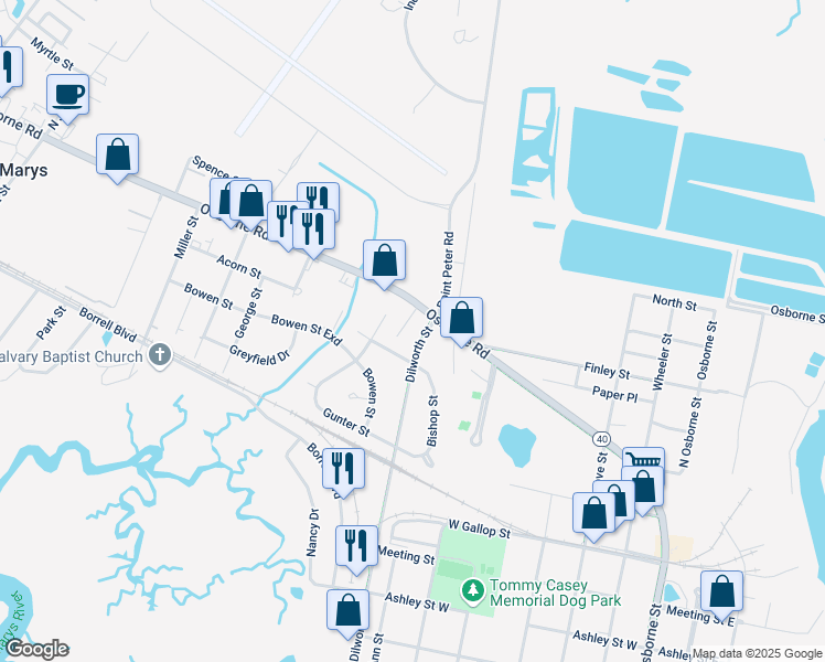 map of restaurants, bars, coffee shops, grocery stores, and more near 1311 Dilworth Street in St. Marys