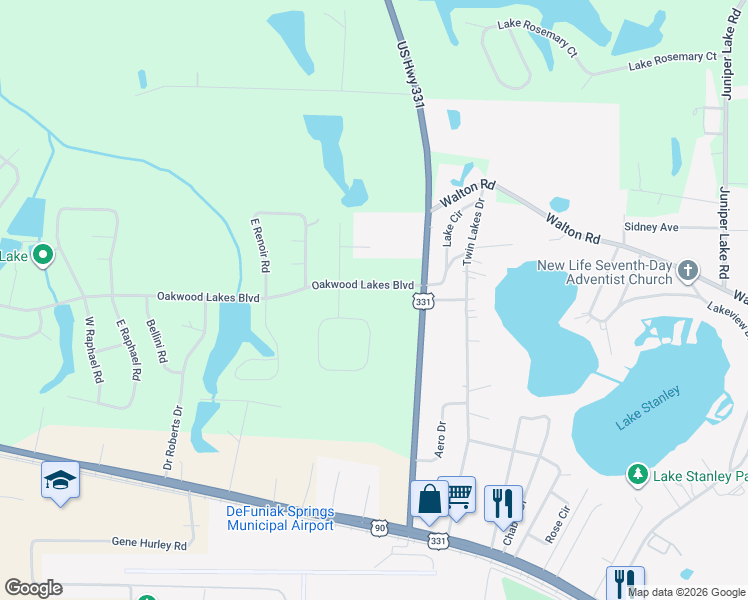map of restaurants, bars, coffee shops, grocery stores, and more near 31 Oakwood Lakes Boulevard in DeFuniak Springs