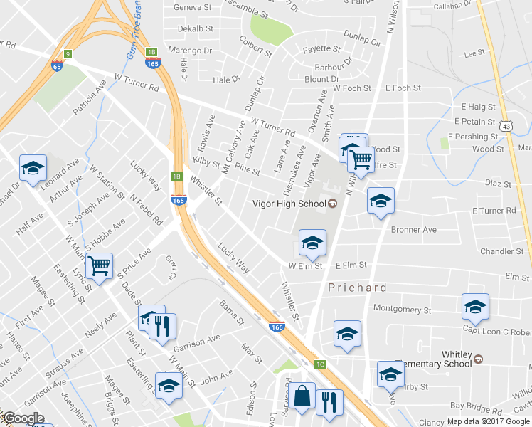map of restaurants, bars, coffee shops, grocery stores, and more near 336 Brock Avenue in Prichard