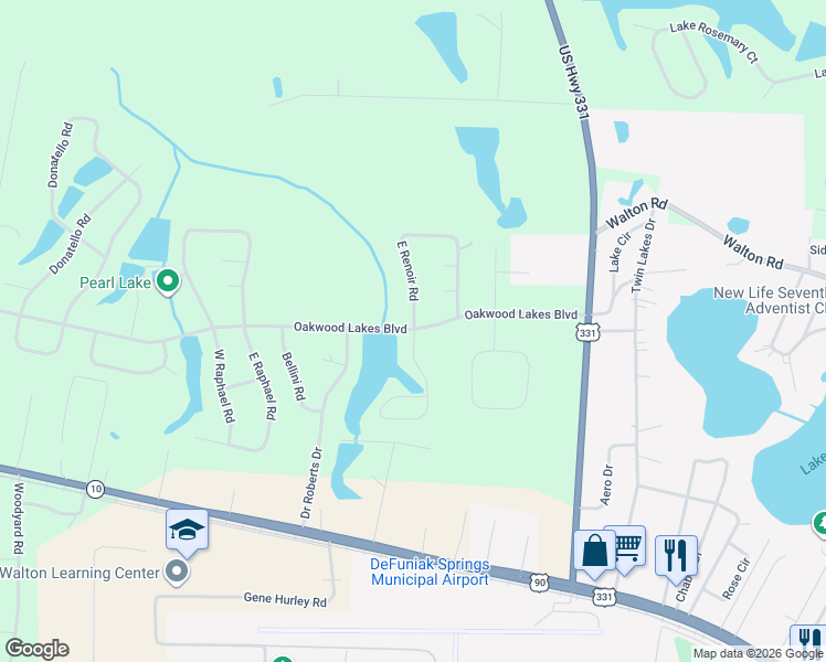 map of restaurants, bars, coffee shops, grocery stores, and more near 16 West Renoir Road in DeFuniak Springs