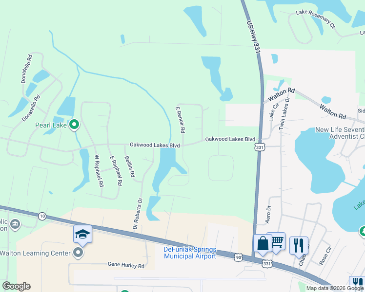 map of restaurants, bars, coffee shops, grocery stores, and more near 16 West Renoir Road in DeFuniak Springs