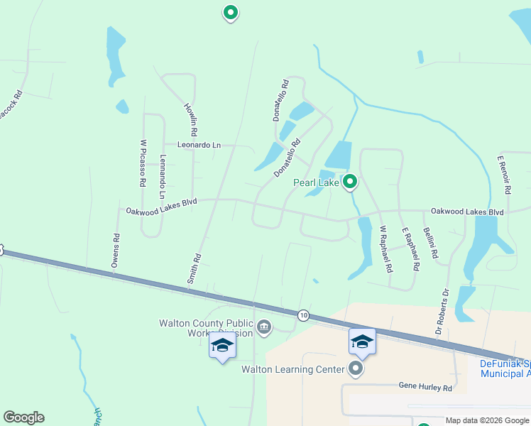 map of restaurants, bars, coffee shops, grocery stores, and more near 1275 Oakwood Lakes Boulevard in DeFuniak Springs