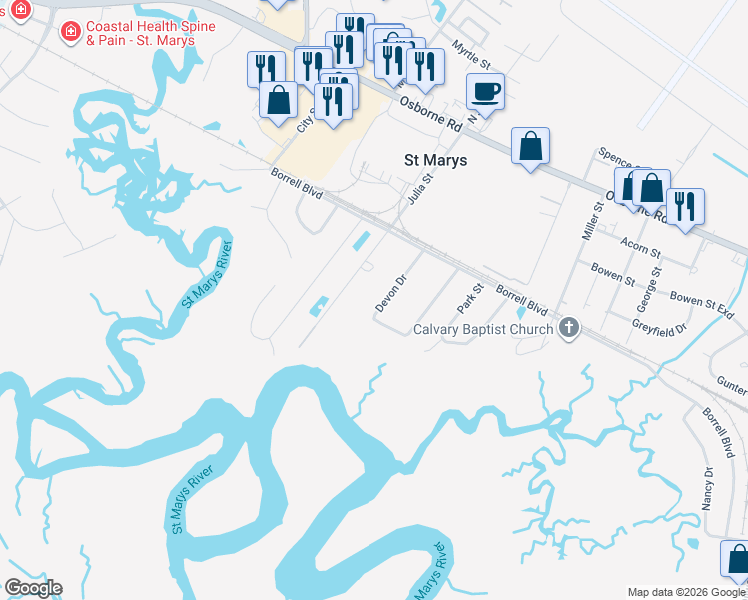 map of restaurants, bars, coffee shops, grocery stores, and more near 829 Devon Drive in St. Marys