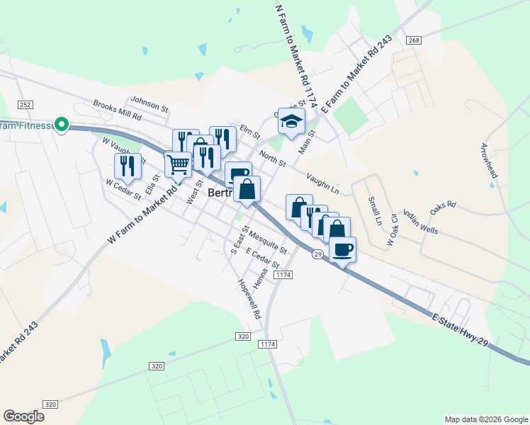 map of restaurants, bars, coffee shops, grocery stores, and more near 326 Texas 29 in Bertram