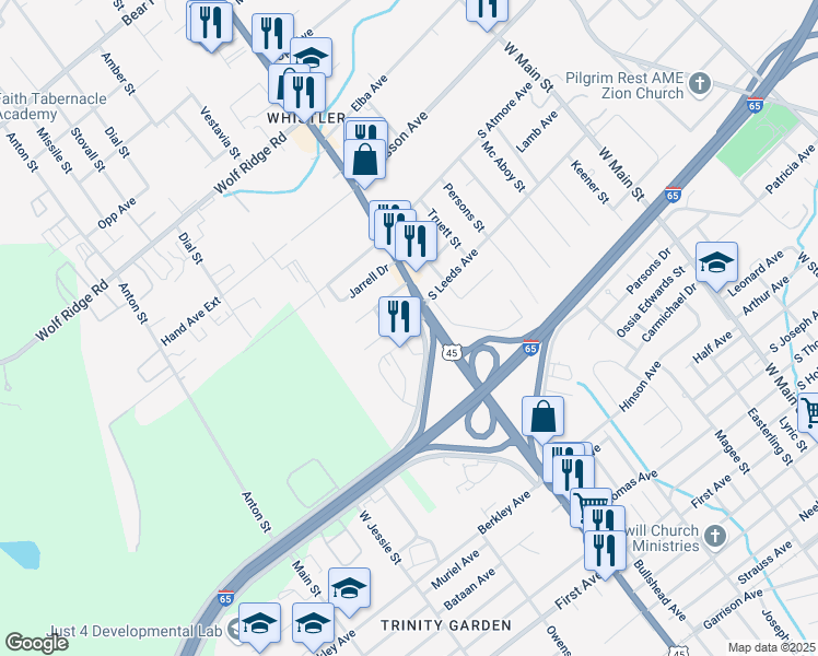 map of restaurants, bars, coffee shops, grocery stores, and more near 2601-2699 Interstate 65 Service Road South in Mobile