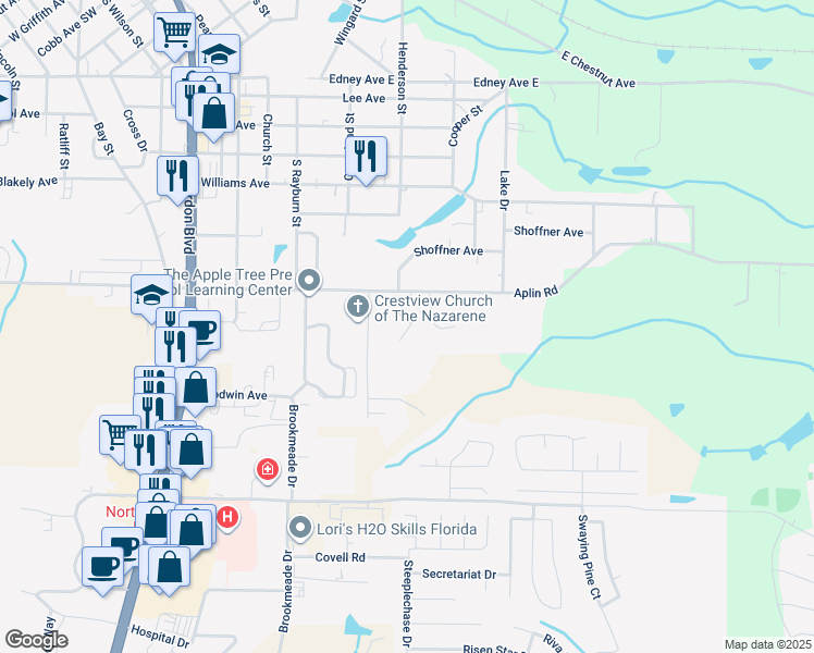 map of restaurants, bars, coffee shops, grocery stores, and more near 517 Southern Court in Crestview
