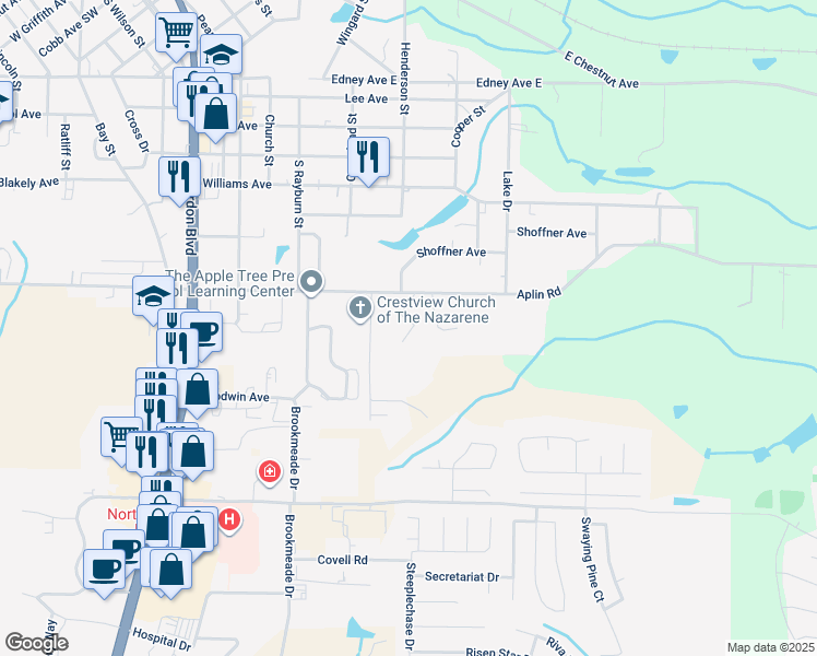 map of restaurants, bars, coffee shops, grocery stores, and more near 517 Southern Court in Crestview