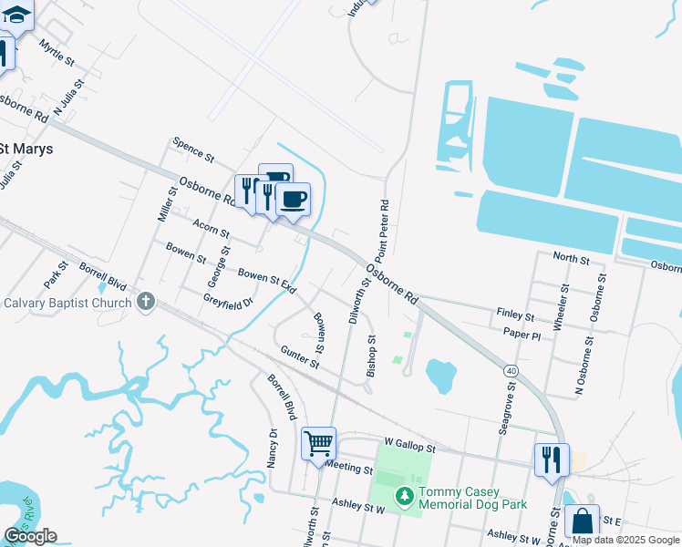 map of restaurants, bars, coffee shops, grocery stores, and more near 1311 Dilworth Street in St. Marys