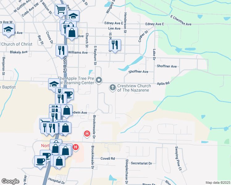 map of restaurants, bars, coffee shops, grocery stores, and more near 1100 Patriot Lane in Crestview