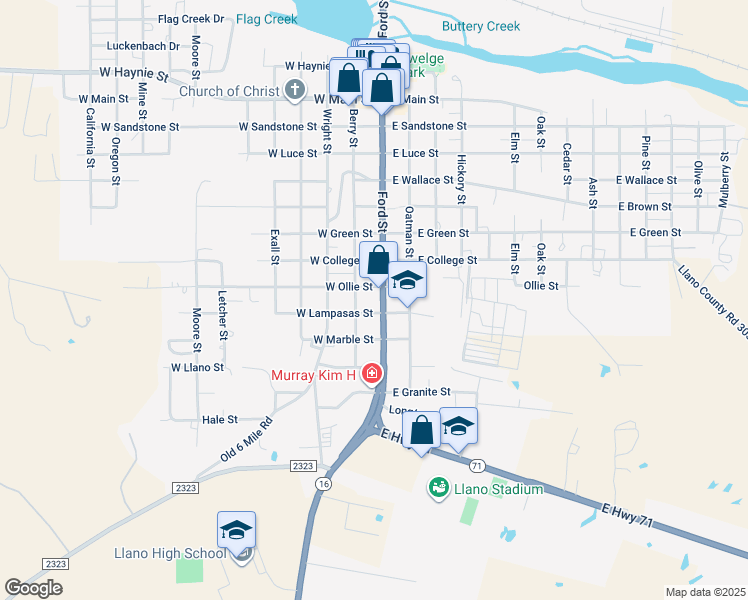 map of restaurants, bars, coffee shops, grocery stores, and more near 1505 Ford St in Llano