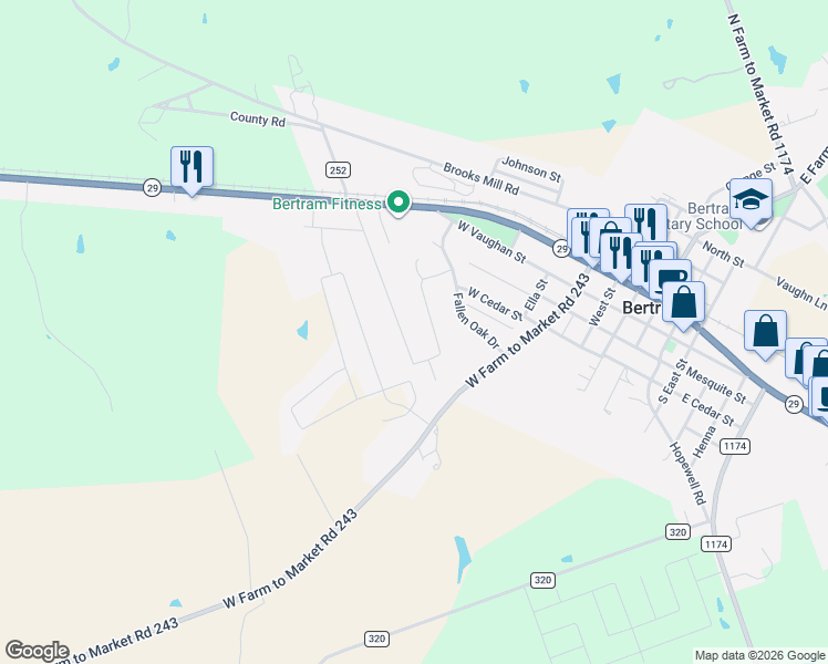 map of restaurants, bars, coffee shops, grocery stores, and more near 400 Robin Lane in Bertram