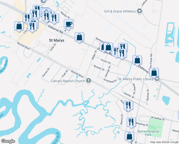 map of restaurants, bars, coffee shops, grocery stores, and more near 309 Faye Court in St. Marys