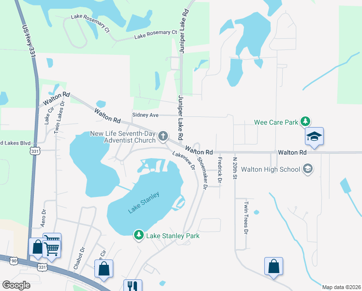 map of restaurants, bars, coffee shops, grocery stores, and more near 1542 Walton Road in DeFuniak Springs