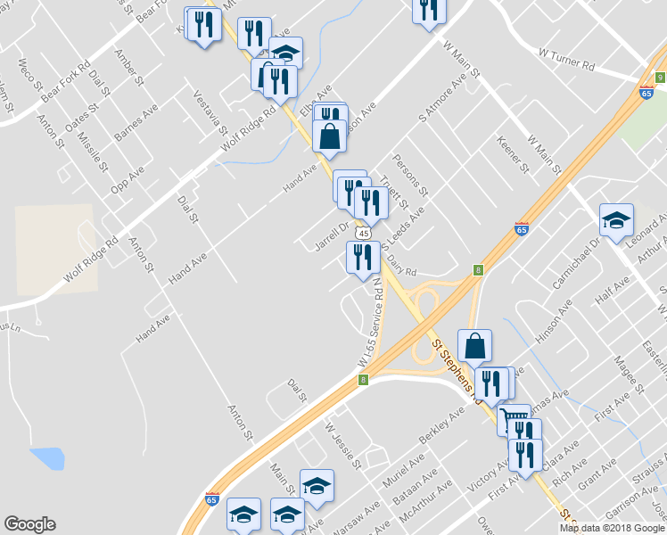 map of restaurants, bars, coffee shops, grocery stores, and more near 1719 Meadow Avenue in Mobile