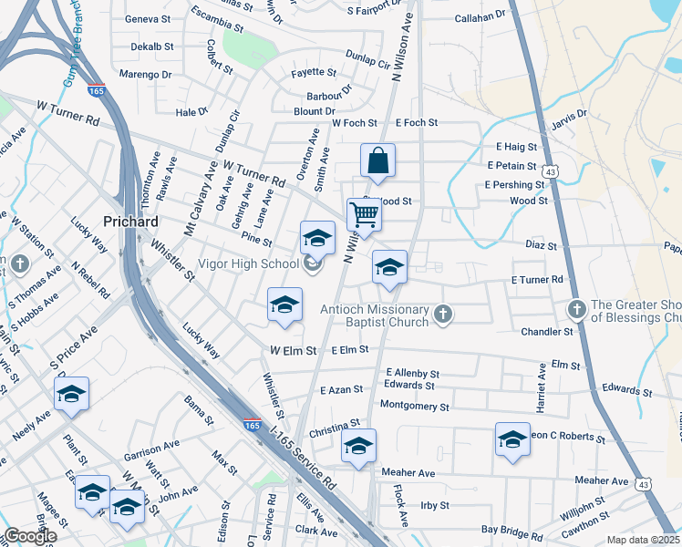 map of restaurants, bars, coffee shops, grocery stores, and more near 913 North Wilson Avenue in Mobile