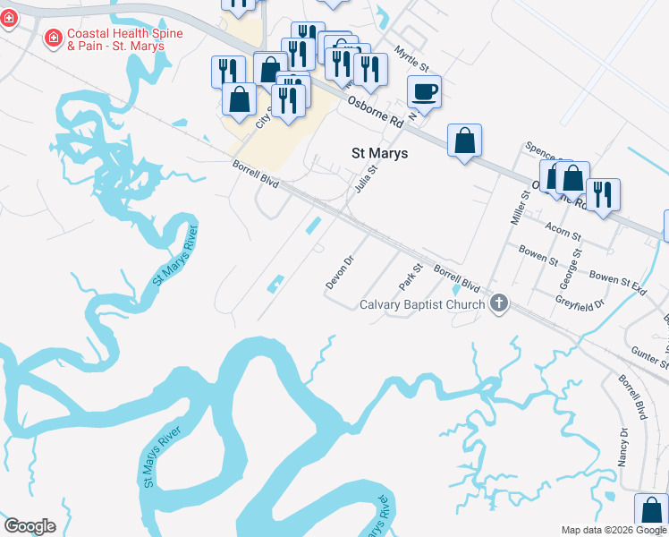 map of restaurants, bars, coffee shops, grocery stores, and more near 829 Devon Drive in St. Marys
