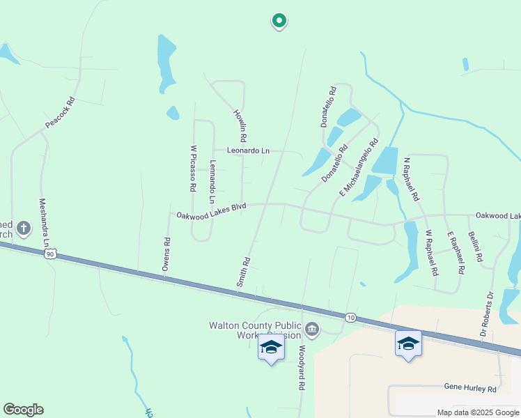 map of restaurants, bars, coffee shops, grocery stores, and more near 1503 Oakwood Lakes Boulevard in DeFuniak Springs