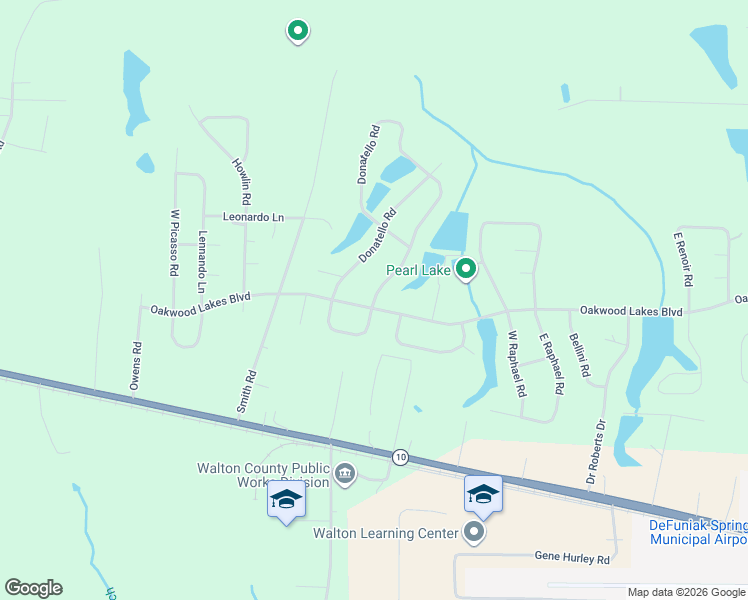 map of restaurants, bars, coffee shops, grocery stores, and more near 1275 Oakwood Lakes Boulevard in DeFuniak Springs