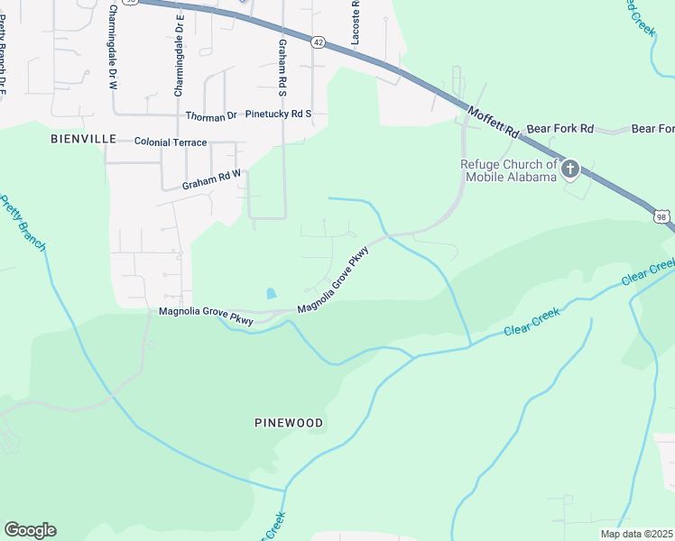 map of restaurants, bars, coffee shops, grocery stores, and more near Magnolia Grove Parkway in Mobile
