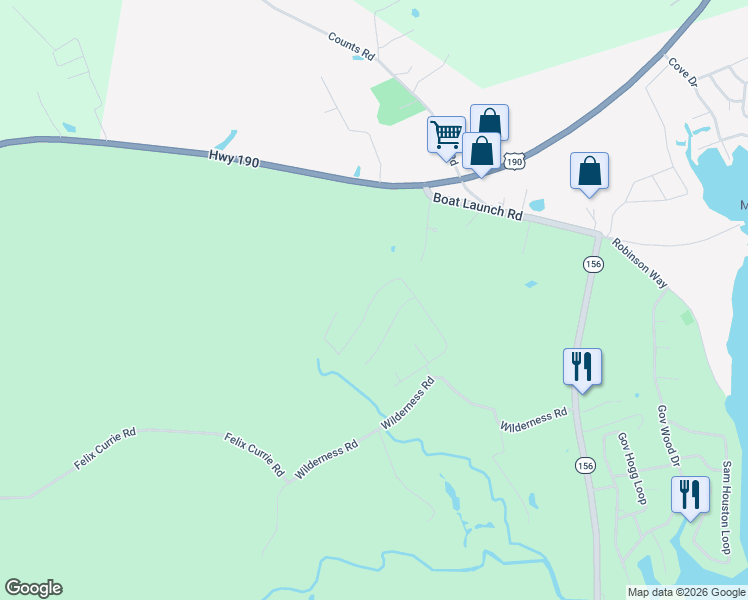 map of restaurants, bars, coffee shops, grocery stores, and more near 434 Oak Tree Drive in Point Blank