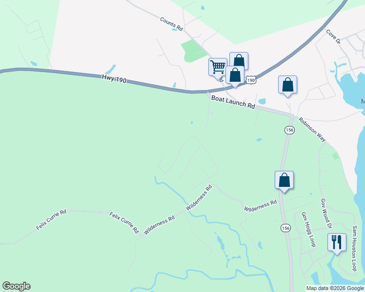 map of restaurants, bars, coffee shops, grocery stores, and more near 434 Oak Tree Drive in Point Blank