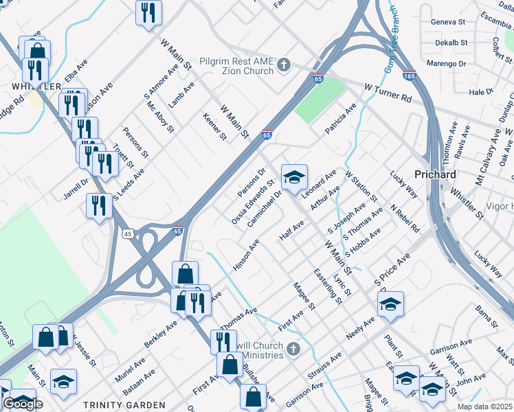 map of restaurants, bars, coffee shops, grocery stores, and more near John Helm Street in Prichard