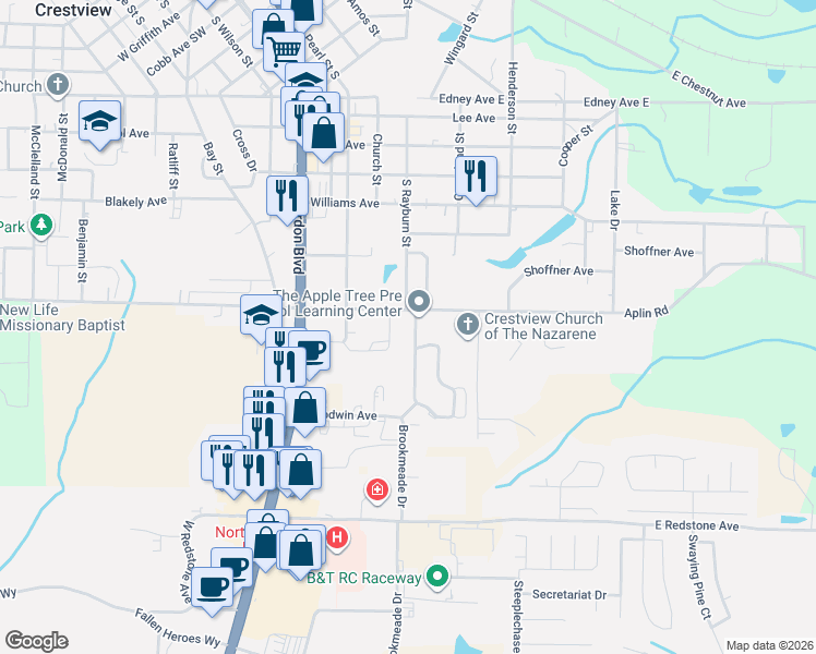 map of restaurants, bars, coffee shops, grocery stores, and more near 101 Brookmeade Drive in Crestview