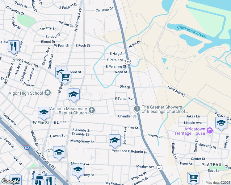 map of restaurants, bars, coffee shops, grocery stores, and more near 1025 Cheha Drive in Prichard